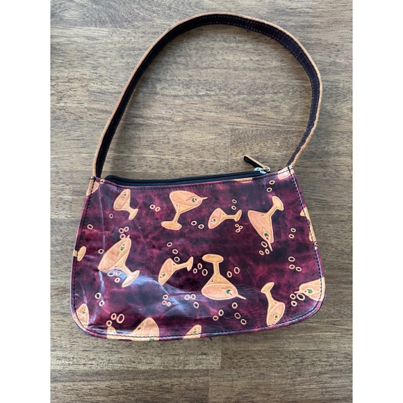 Wilsons Leather Y2K Martini Glass Bag Burgundy Embossed Leather Baguette - Picture 1 of 7